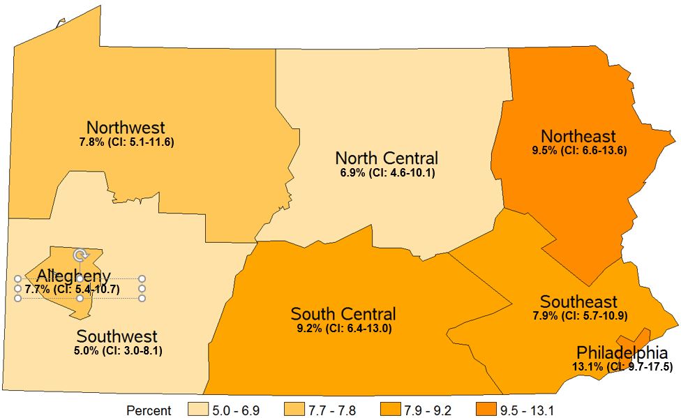 No Health Insurance, Age 18-64, Pennsylvania Health Districts, 2016
